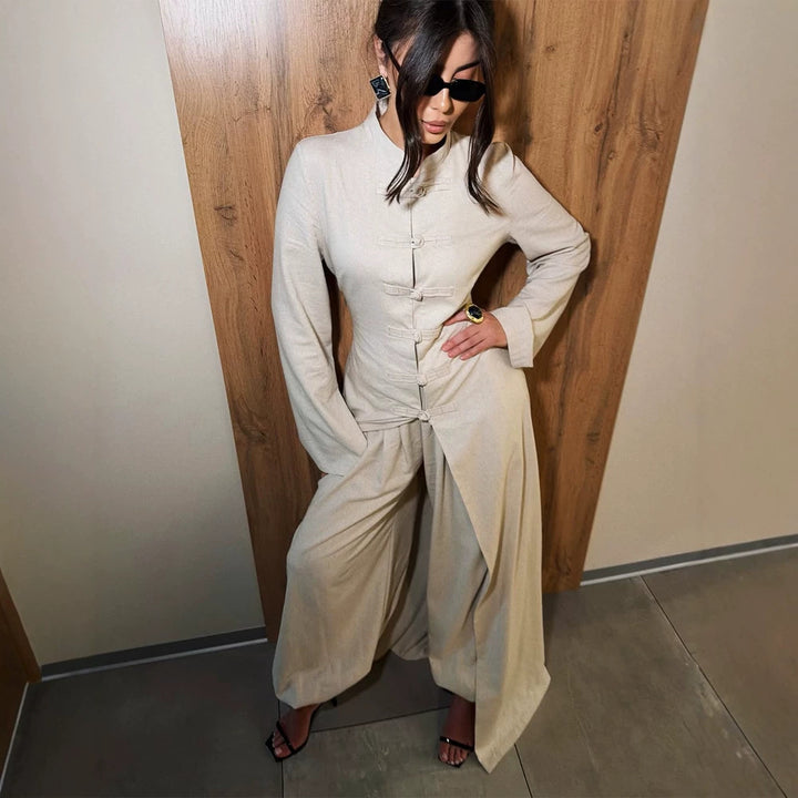 Ladies maxi dress with stand collar, mandarin button placket and draped skirt Amarae