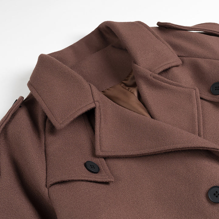 Elegant woman's short coat with double-breasted buttons and waist belt Lune London