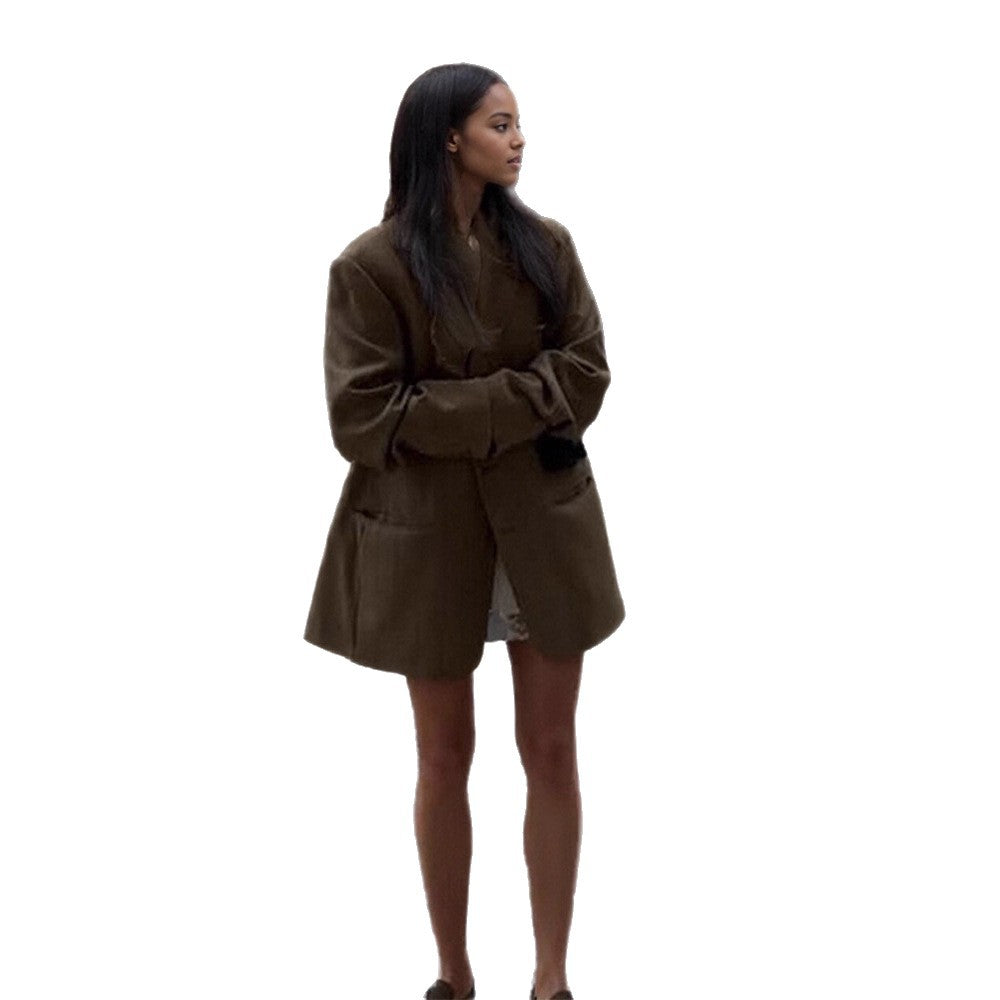 Women's Oversize Wool Blend Coat Blazer with Boxy Silhouette and Flap Pockets Amarae