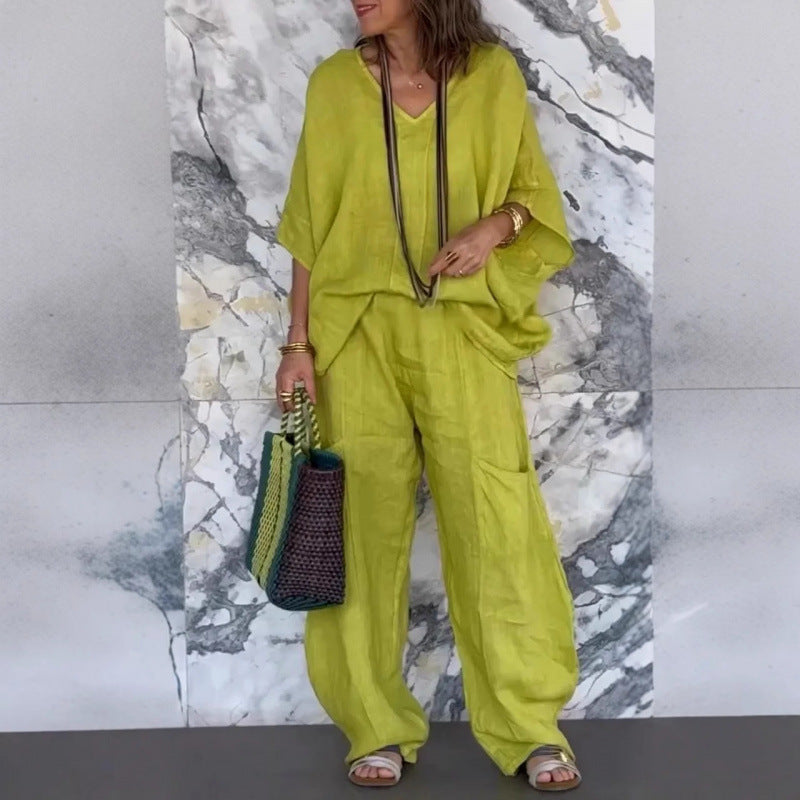 Women Casual Linen Outfit with Wide Legs and V-Neck Lune London