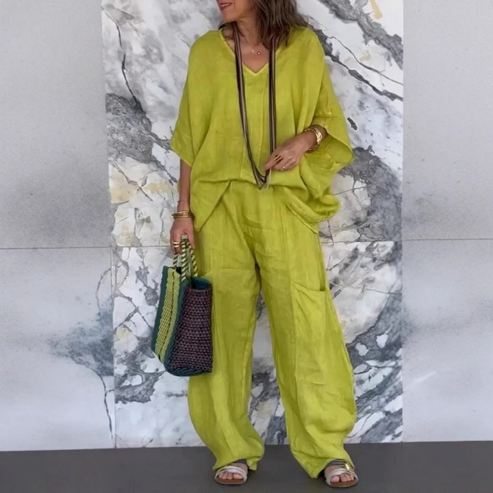 Women Casual Linen Outfit with Wide Legs and V-Neck Lune London
