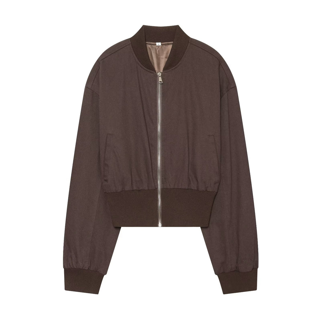 Women's Cropped Bomber Jacket with Wide Ribbed Cuff and Continuous Zipper Amarae
