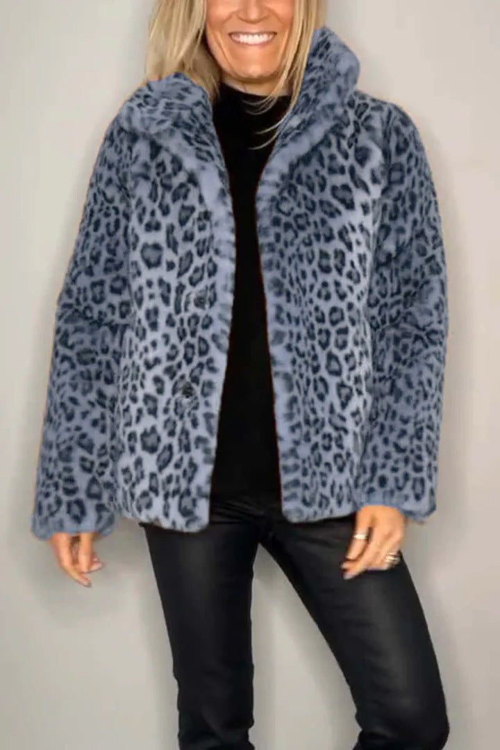 Ladies Leopard Print Faux Fur Jacket with High Collar Lune London