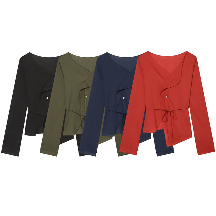 Women's wrap blouse with waist tie, asymmetrical hem and gathered edges Amarae