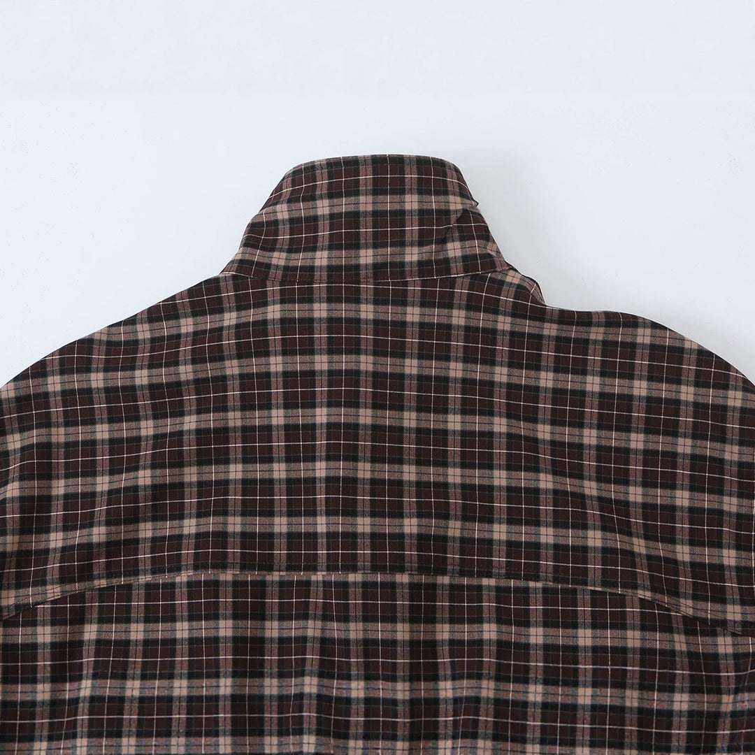 Women's Checkered Cropped Jacket with Stand-up Collar, Drawstring Hem and Pockets Amarae