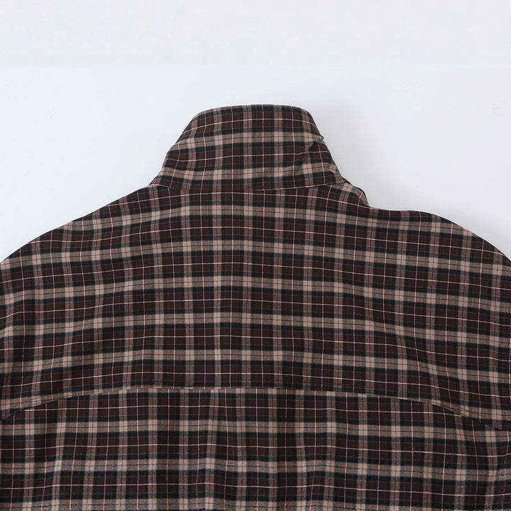 Women's Checkered Cropped Jacket with Stand-up Collar, Drawstring Hem and Pockets Amarae