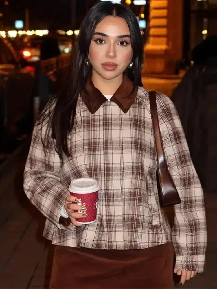 Women's boxy checkered transitional blouse with contrasting shirt collar Amarae