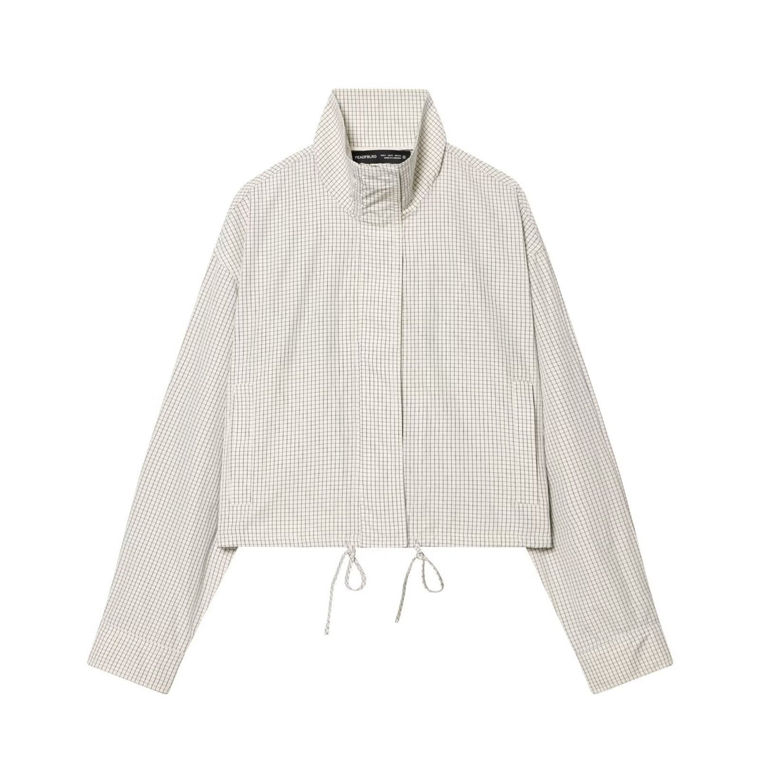 Women Short-Cut Oversized Windbreaker with Stand-Up Collar and Drawstring