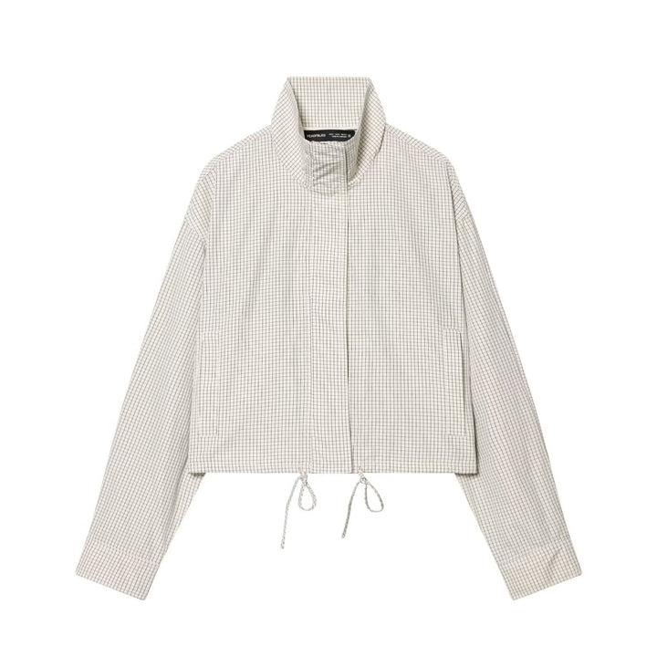 Women Short-Cut Oversized Windbreaker with Stand-Up Collar and Drawstring
