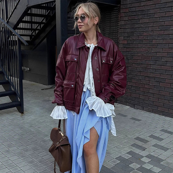 Women Oversized Faux Leather Jacket with Placket Snap Pockets and Elastic Hem Amarae