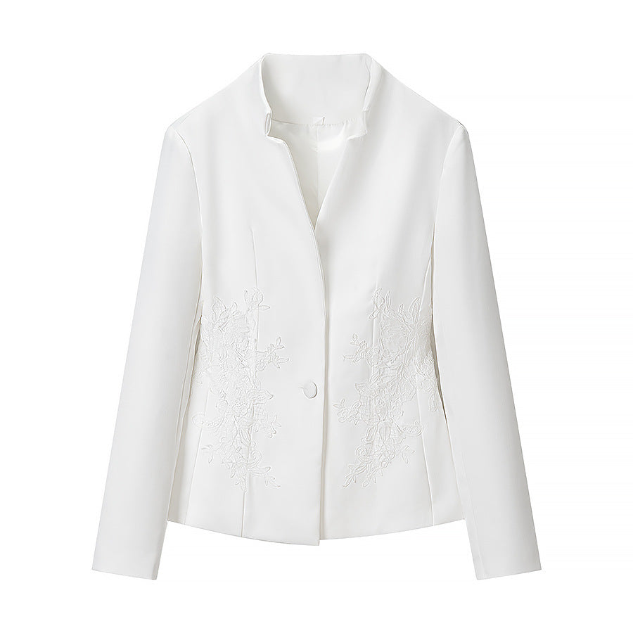 Women's Tailored Blazer with Distinctive V-Neck and Stand Collar Detail Amarae