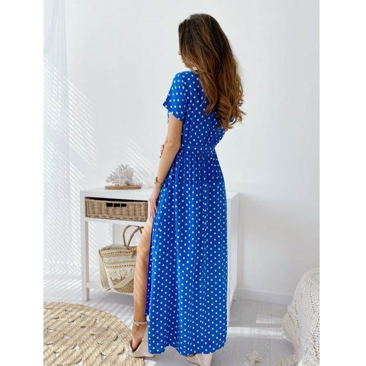 Maxi polka dot dress for women with side slit and tie belt Lune London