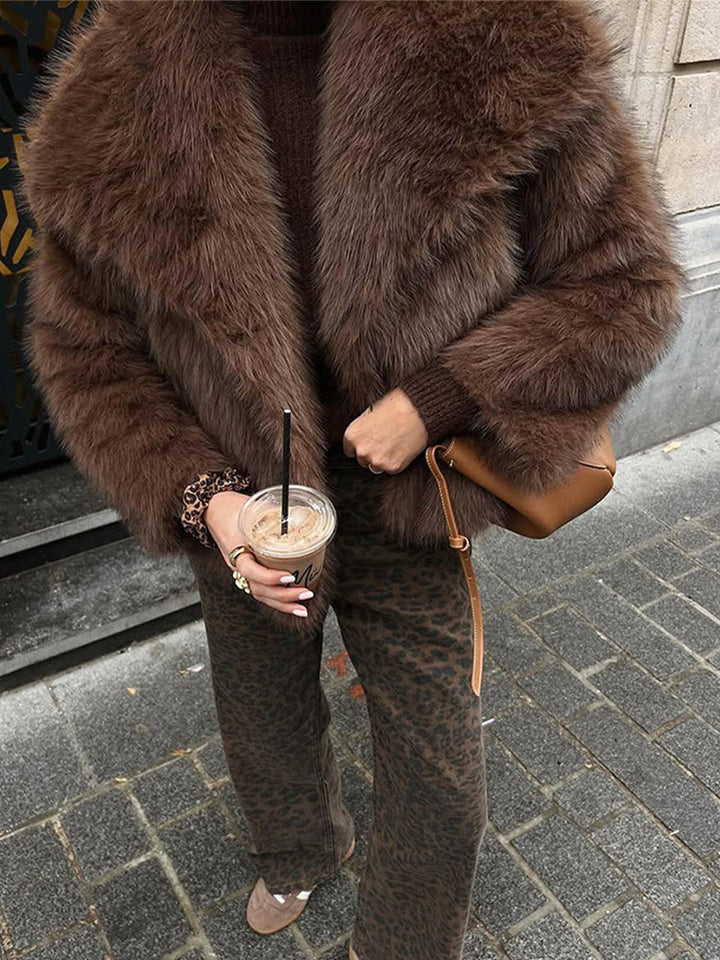 Women Short Voluminous Faux Fur Jacket in Boxy Cut with Large Shawl Collar Amarae