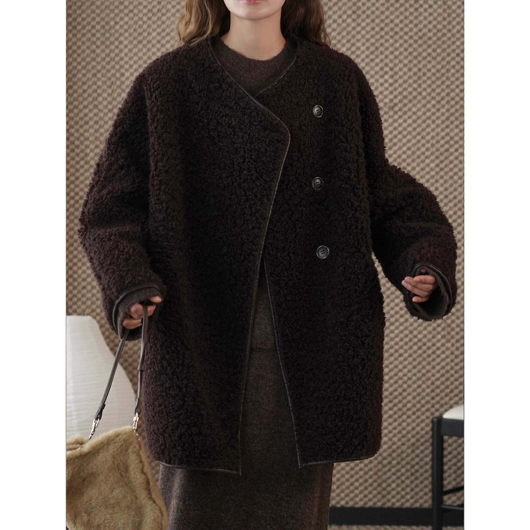 Women Short Jacket Teddy Fleece with Button Front and Contrasting Edge Finish Amarae