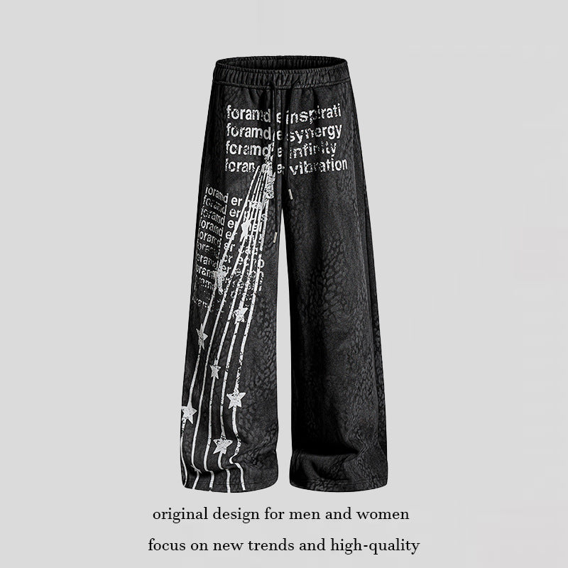 Women's Wide Palazzo Jogging Pants with Drawstring Waist, Statement Print and Vintage Wash Amarae