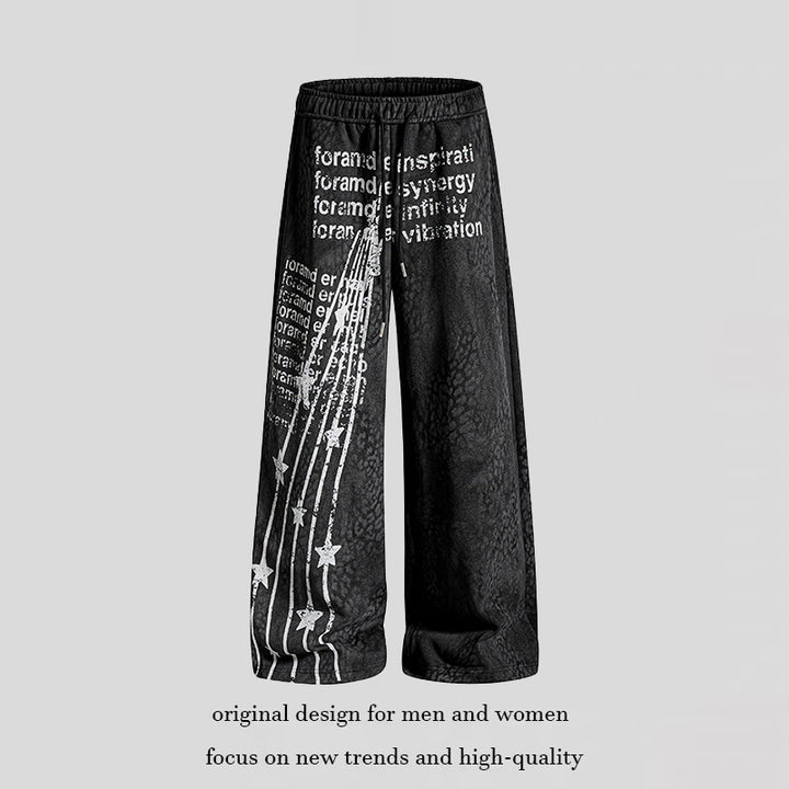 Women's Wide Palazzo Jogging Pants with Drawstring Waist, Statement Print and Vintage Wash Amarae