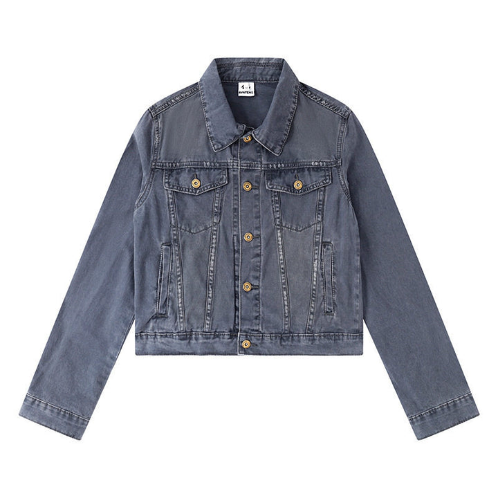 Women's Short Denim Jacket in Vintage Style with Button Placket, Chest Pockets and Fitted Cut Amarae