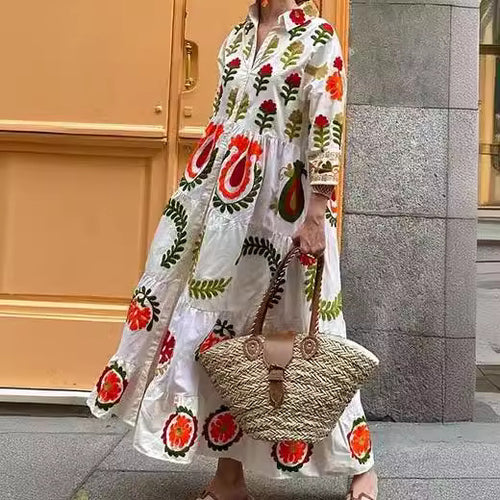 Long sleeve plaid dress for women with floral embroidery Amarae