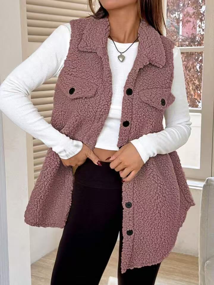 Ladies Plush Vest with Chic Pockets and Style