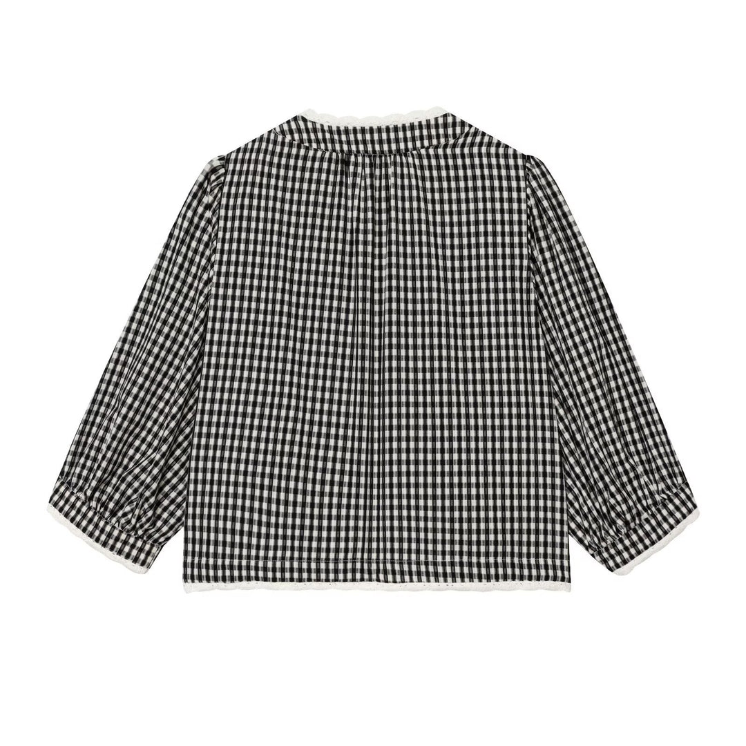 Women Checked Blouse Jacket with Crochet Edge, Tie Band and Three-Quarter Sleeves Amarae