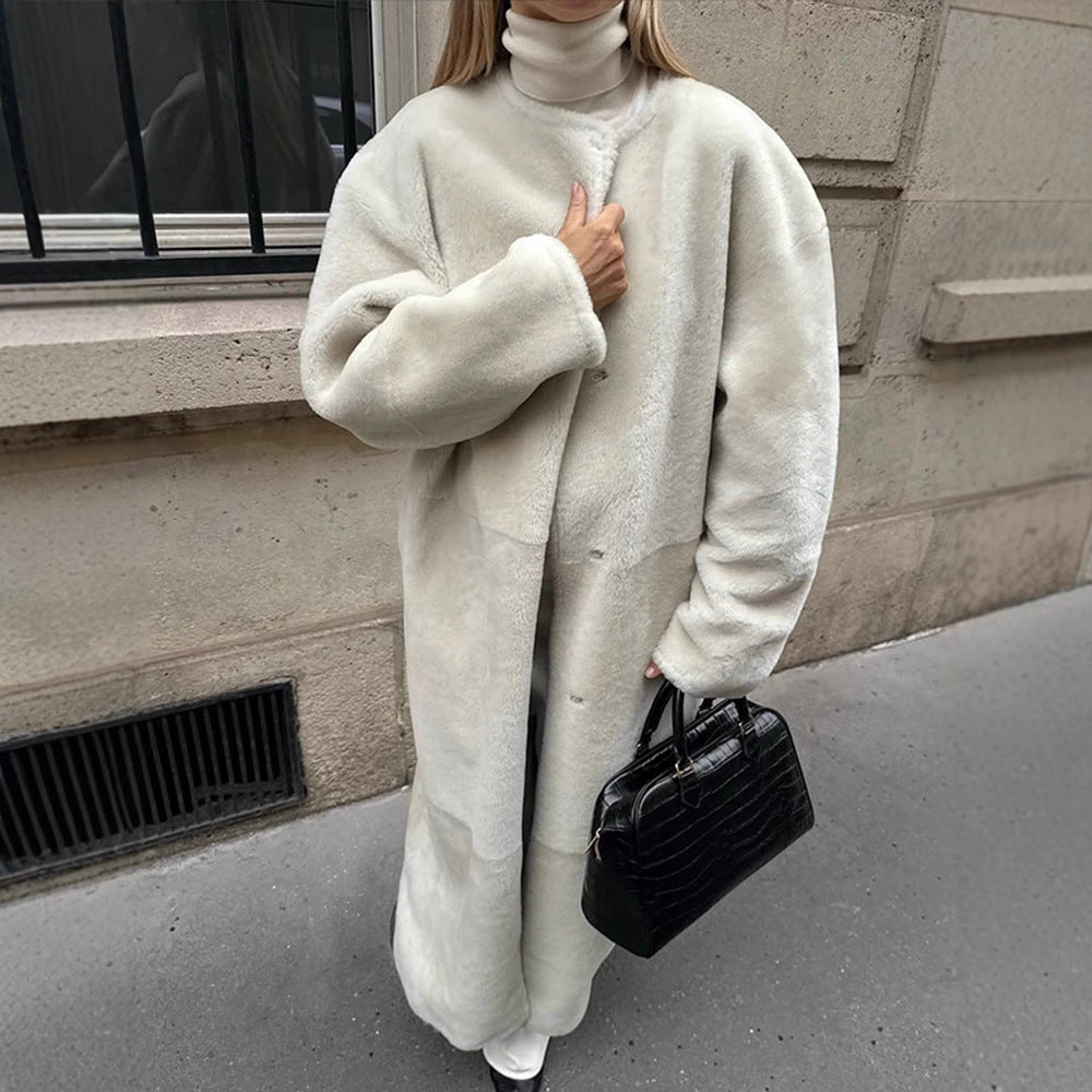 Women's Oversize Longer Faux Fur Coat with Waist Belt and Stand-up Collar Amarae