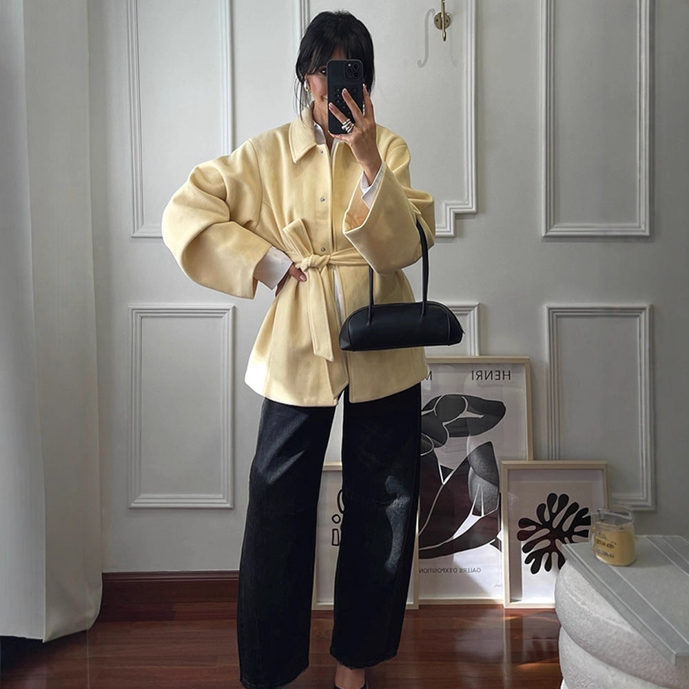 Women's short coat with tie belt, boxy oversized silhouette and wide sleeves Amarae