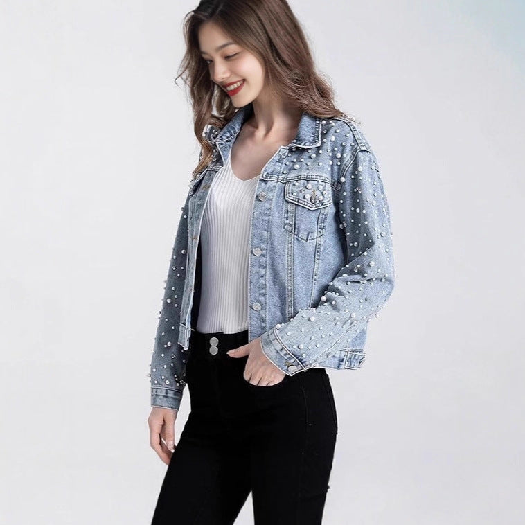 Veste en denim pour femmes avec des embellissements en perles Chic & Stil