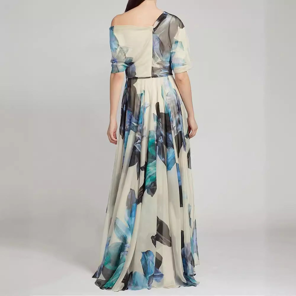 Women elegant chiffon dress with off-shoulder design and floral pattern Lune London