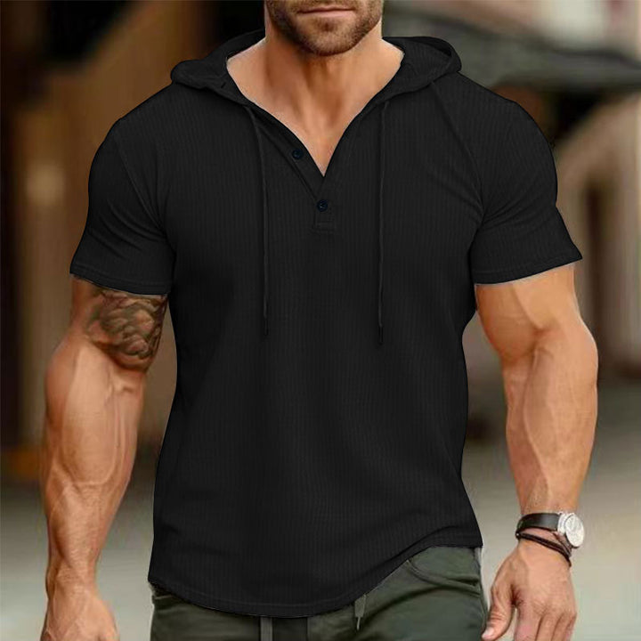 Men's Short Sleeve Hoodie Shirt with Stylish Henley Neckline Lune London