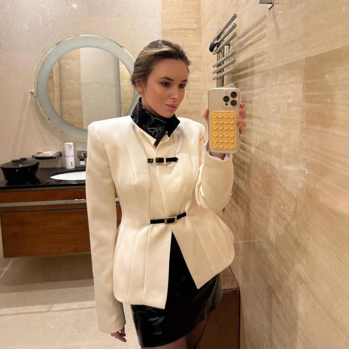 Women's Tailored Blazer with Stand-Up Collar, Waist Seams, and Decorative Strap Closures Amarae