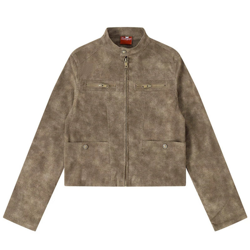 Women's short cut biker jacket in suede look with stand-up collar and chest zipper Amarae