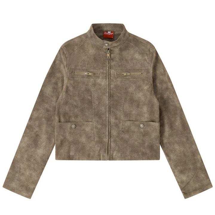 Women's short cut biker jacket in suede look with stand-up collar and chest zipper Amarae