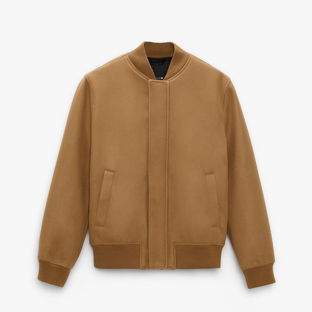 Men's bomber jacket made of wool blend in boxy cut with concealed snap button placket and ribbed cuffs Amarae