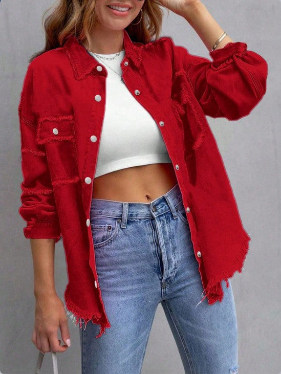 Women Casual Oversized Denim Shirt Jacket with Raw Hem and Patch Pockets Amarae