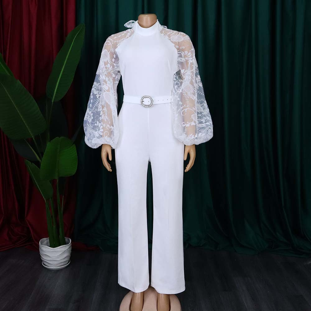 Ladies Elegant Jumpsuit with Sheer Sleeves and a Fitted Belt Lune London