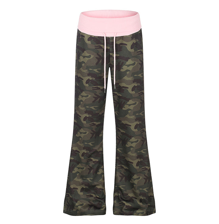 Women's Palazzo lounge pants with high rolled waistband, drawstring, and camouflage pattern Amarae