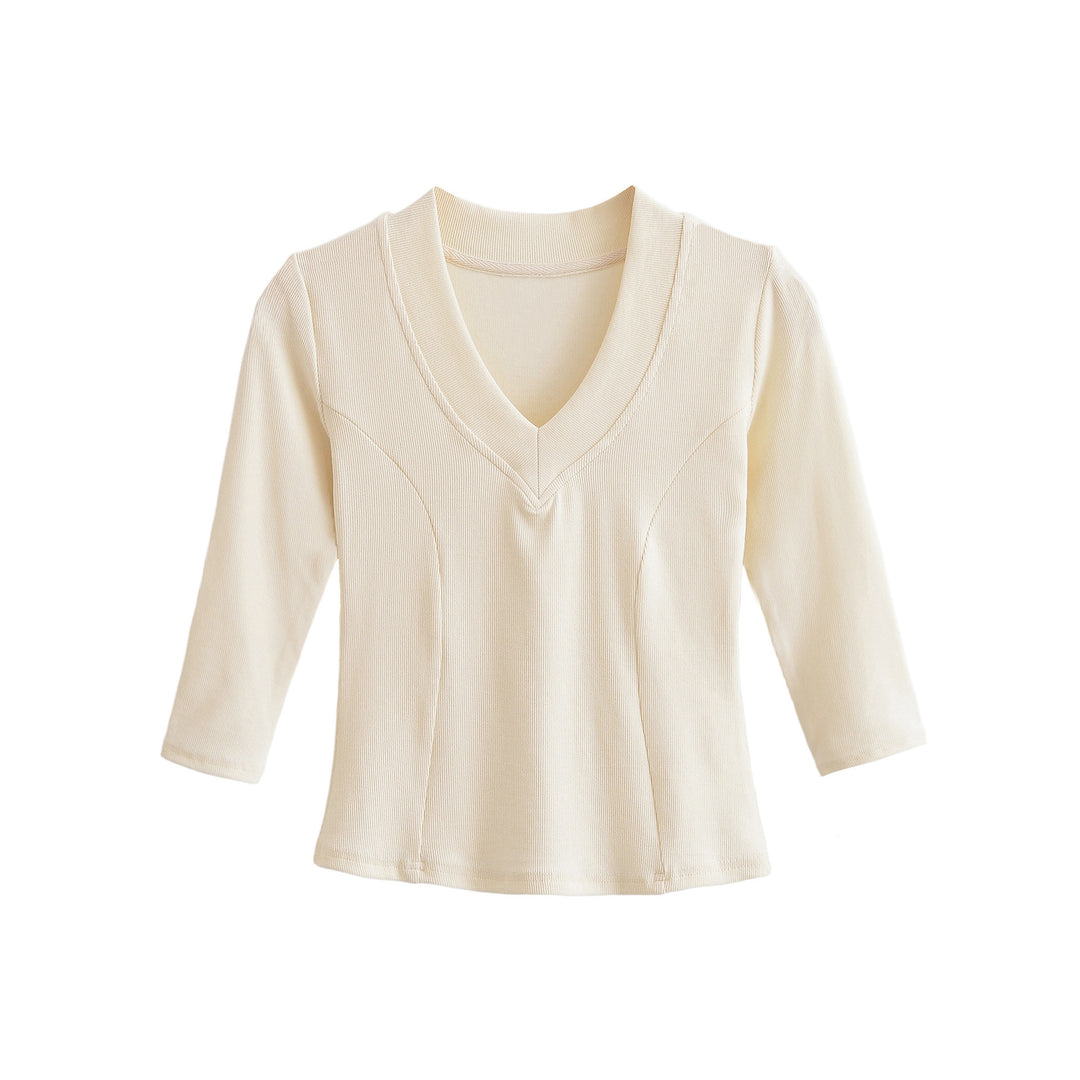 Women's Ribbed Long Sleeve Shirt with V-Neck and Tailored Fit Amarae