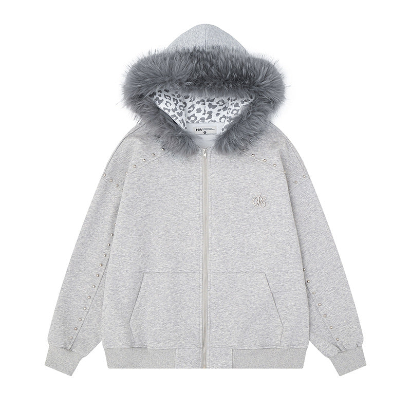 Women's hooded sweat jacket with faux fur trim, leopard lining and decorative studs Amarae