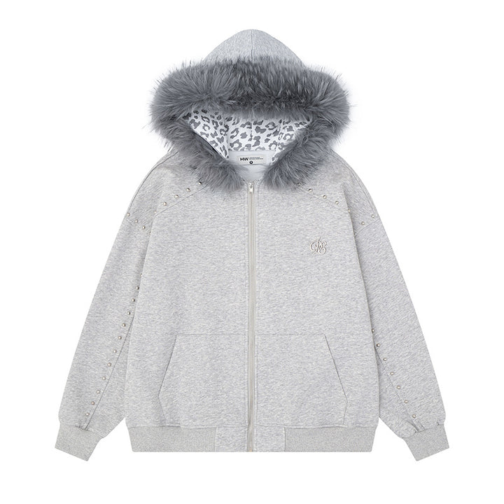 Women's hooded sweat jacket with faux fur trim, leopard lining and decorative studs Amarae