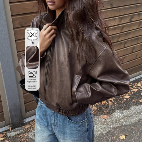 Oversized synthetic leather jacket for women with a modern look featuring a convenient zipper and elastic waist Amarae