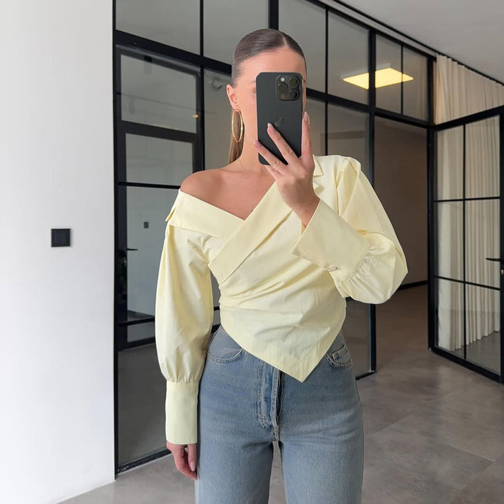 Lune London Elegant wrap blouse for women with asymmetric cut and puff sleeves