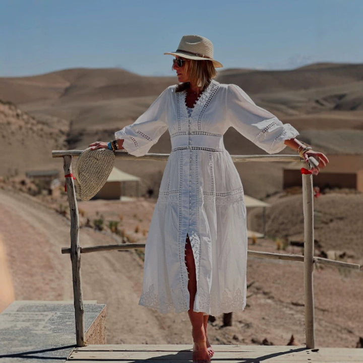 Women's maxi dress in boho style with lace inserts, button placket, and balloon sleeves Amarae