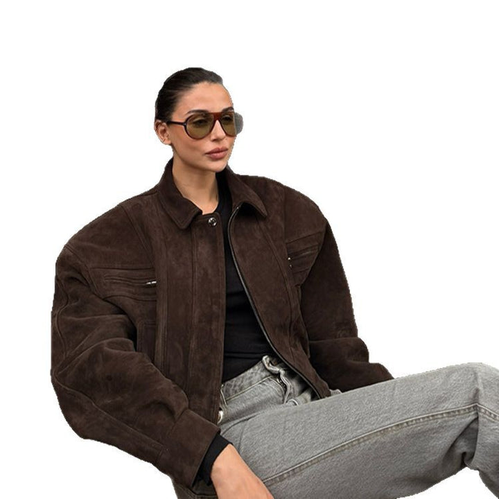 Women's Short Suede Bomber with Elastic Waist and Dropped Shoulder Amarae