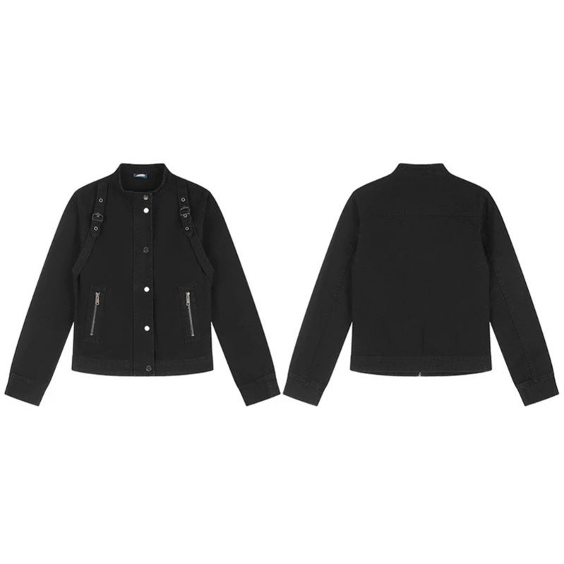Women's Short Utility Jacket with Stand-Up Collar, Adjustable Shoulder Straps and Snap Closure Amarae