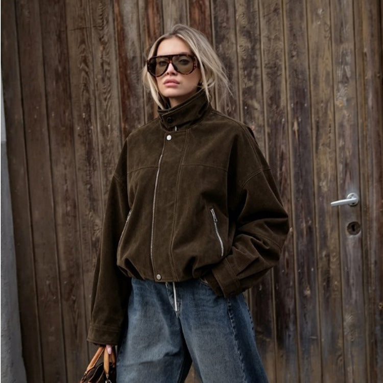Women's Boxy Suede Bomber Jacket with High Stand Collar and Elastic Hem Amarae