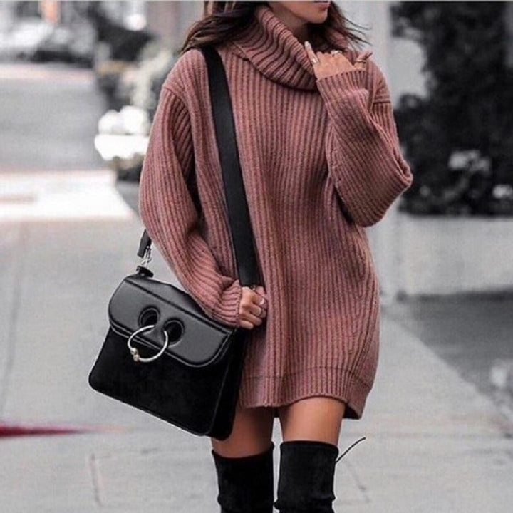 Knitted dress for women with high collar and ribbed structure Lune London