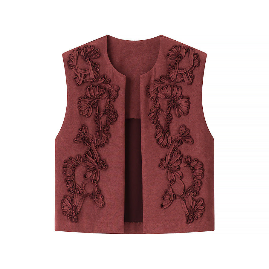 Ladies Embroidered Suede-Look Vest with Three-Dimensional Flower Appliqué Amarae