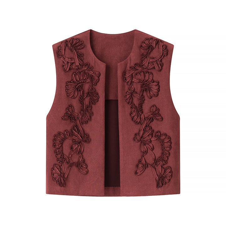 Ladies Embroidered Suede-Look Vest with Three-Dimensional Flower Appliqué Amarae