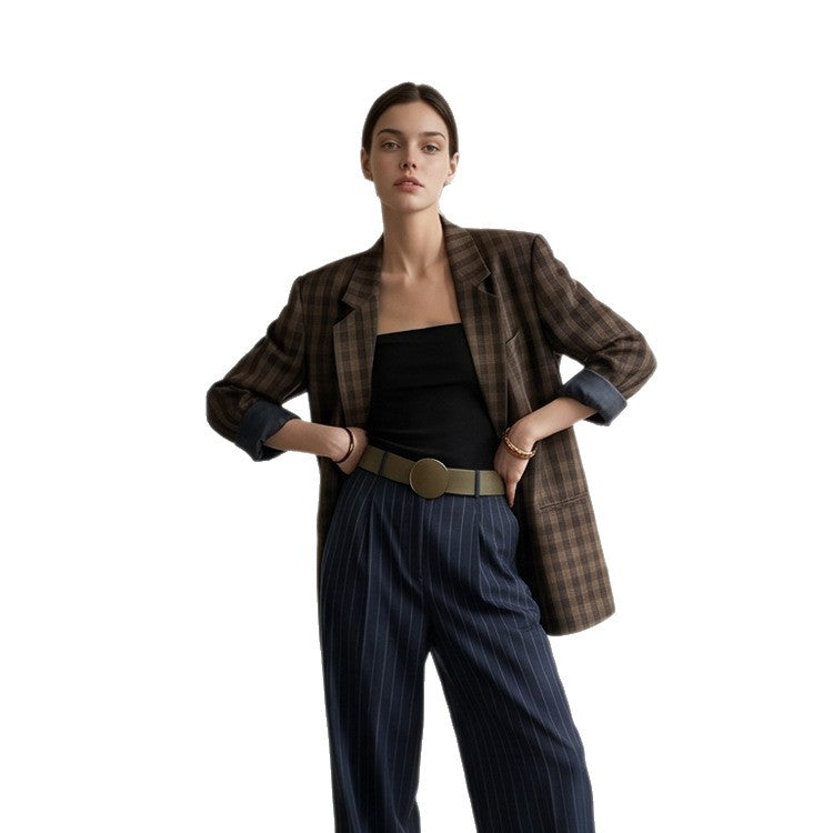 Women’s oversized check blazer with boxy silhouette and dropped shoulders Amarae