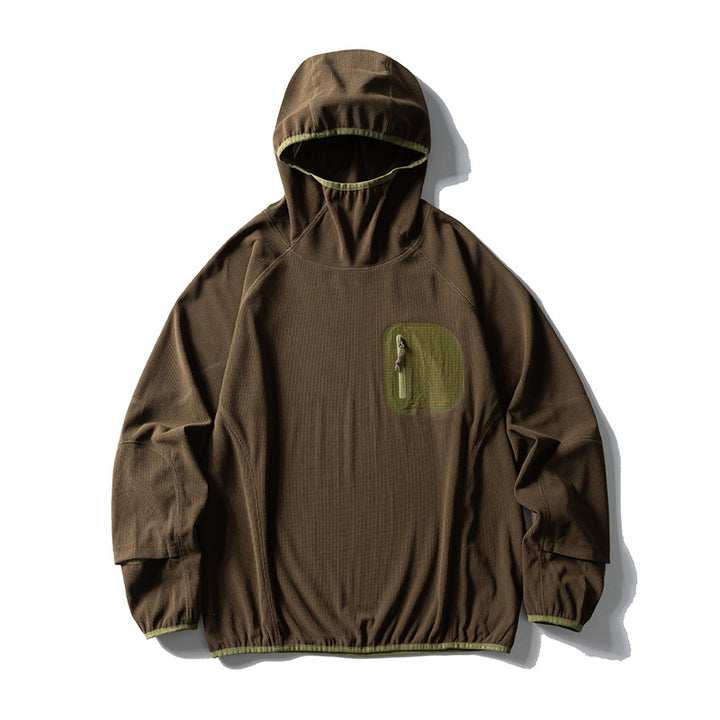 Unisex Lightweight Technical Hooded Pullover Wind Jacket with Chest Zipper Pocket and Elastic Hem Amarae